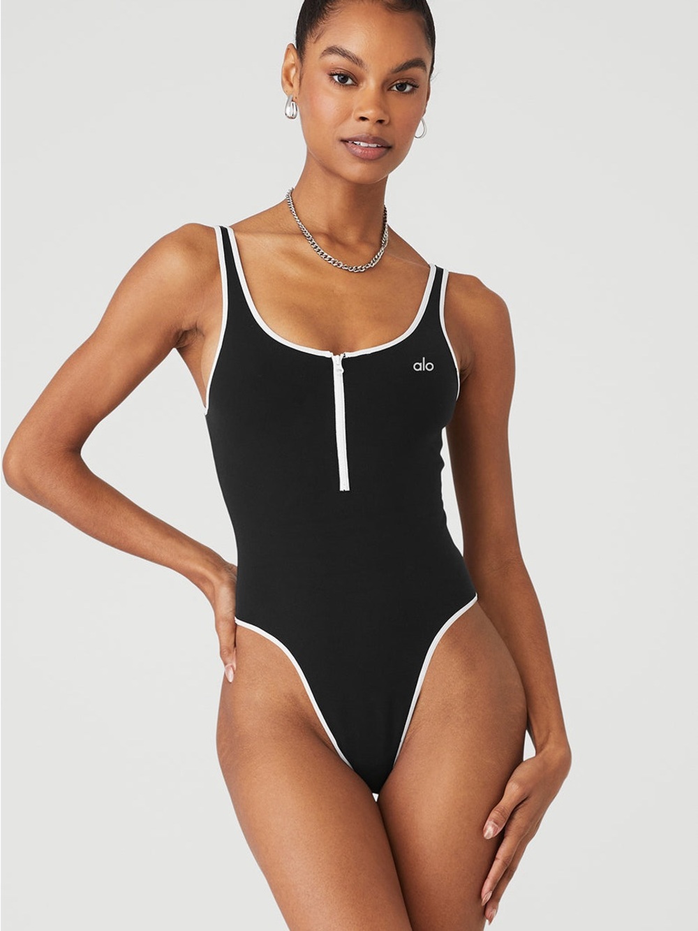 Alo Yoga Supernova Black Bodysuit White Trim